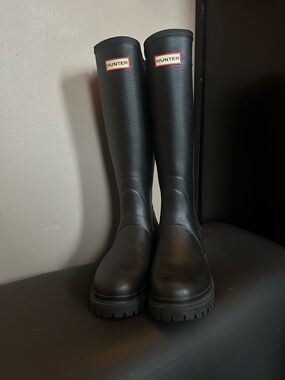Hunter Black Tall Rubber Boots with Logo